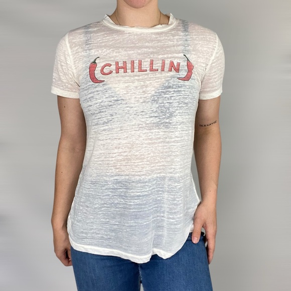 MATE THE LABEL Anthropologie Beau Crew CHILLIN Pepper Short Sleeve Sheer Tee - Picture 1 of 6